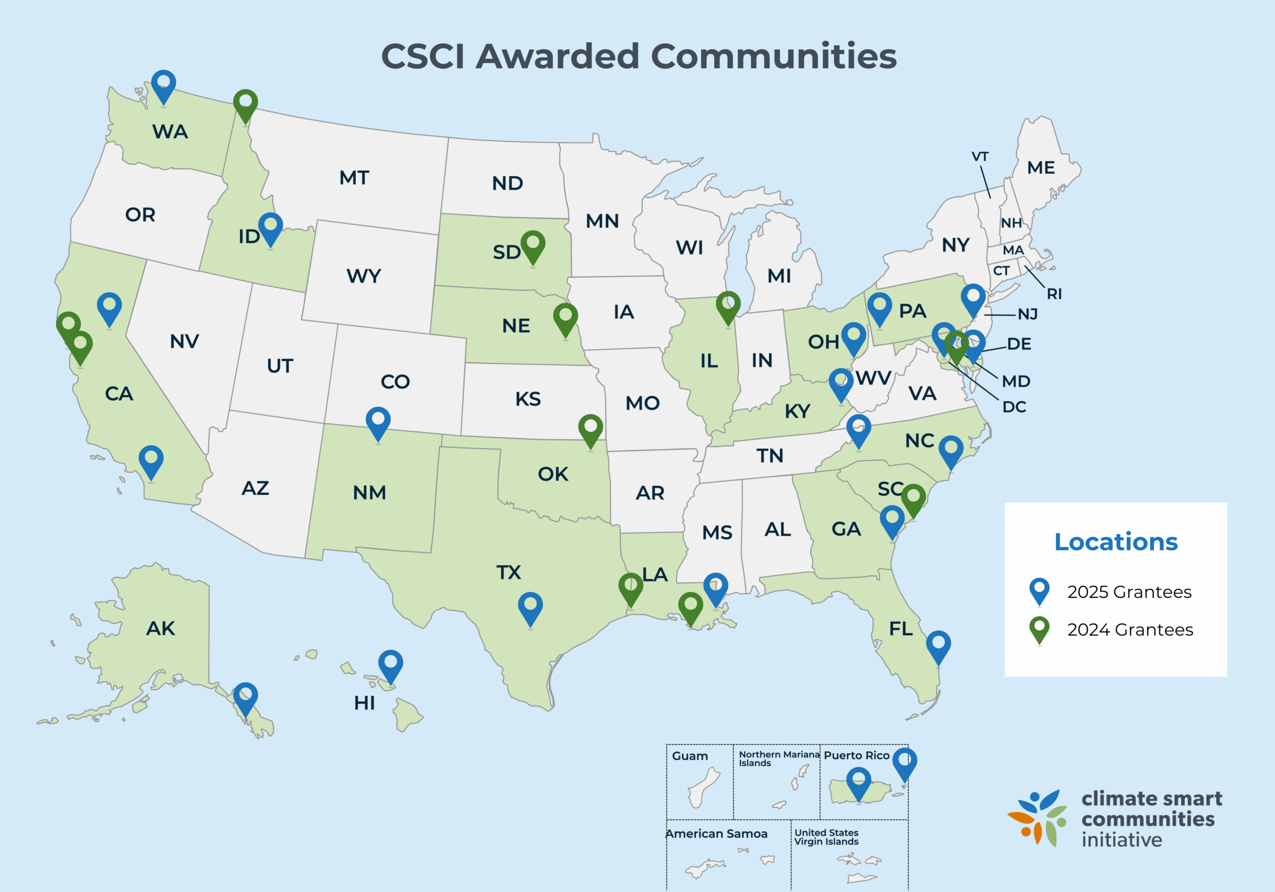 Map of 2024 and 2025 awarded communities from CSCI