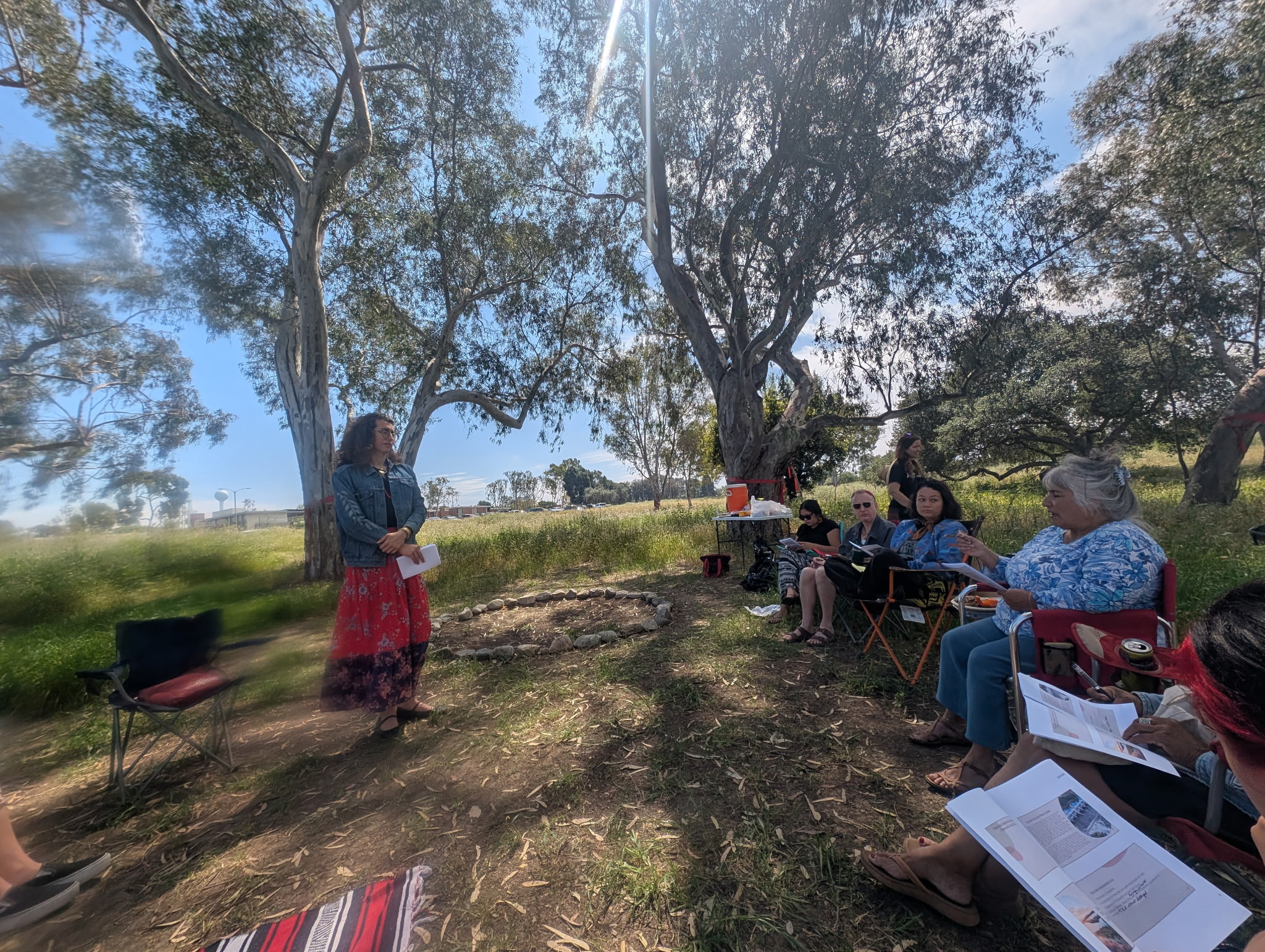 Group of people convening outside under trees and sunshine